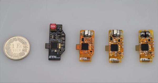 Evolution of TinyBird PCBs compared with a 1 Frank coin