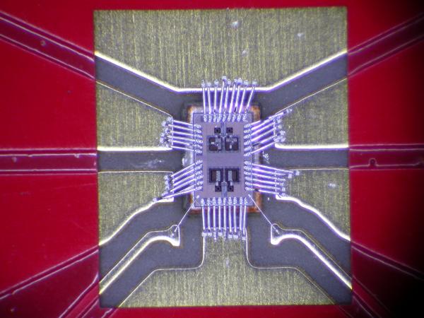Close view from the top of the LeafCutter chip inside a board cavity and wire-bonded